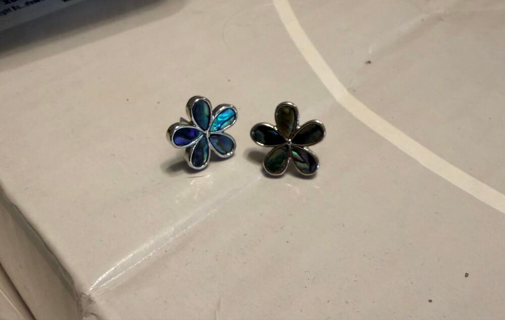 Abalone Style Flower Earrings Silver Tone Blue Green Purple Iridescent Floral